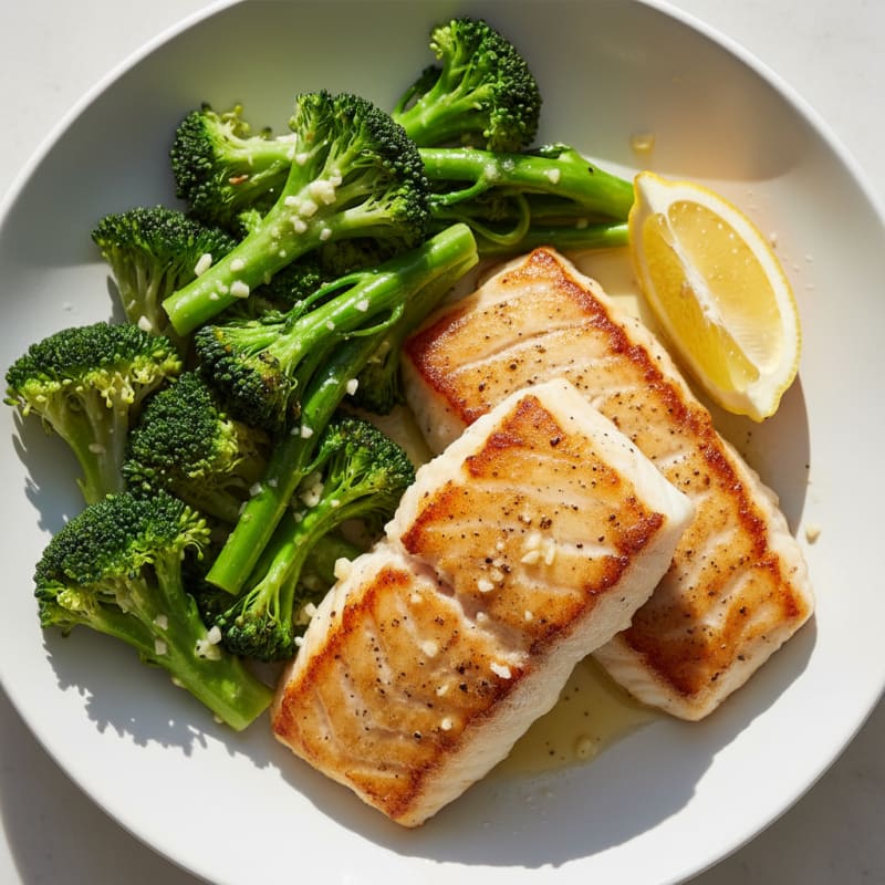Seared Cod with Steamed Broccoli and Lemon