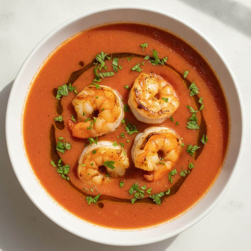 Andalusian Tomato and Cucumber Gazpacho with Grilled Shrimp