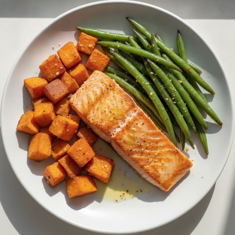 Seared Salmon with Roasted Sweet Potatoes and Green Beans