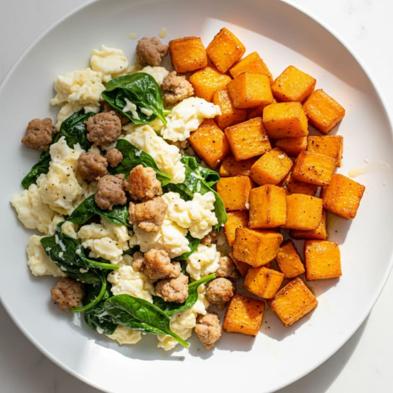 Egg White Scramble with Turkey Sausage and Roasted Sweet Potatoes