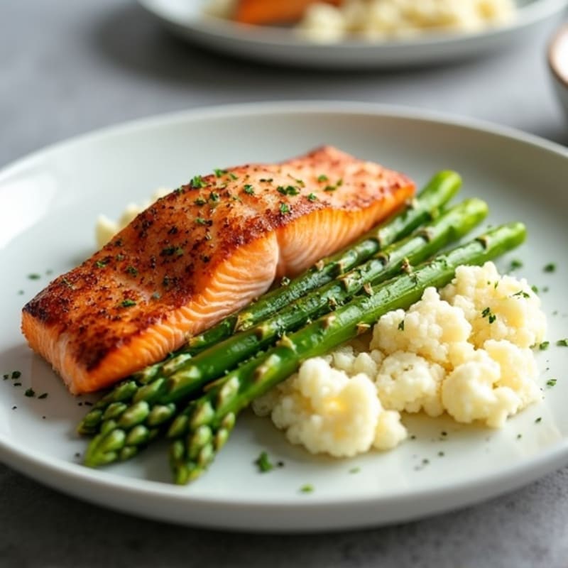 Seared Salmon with Steamed Asparagus and Garlic Cauliflower Mash