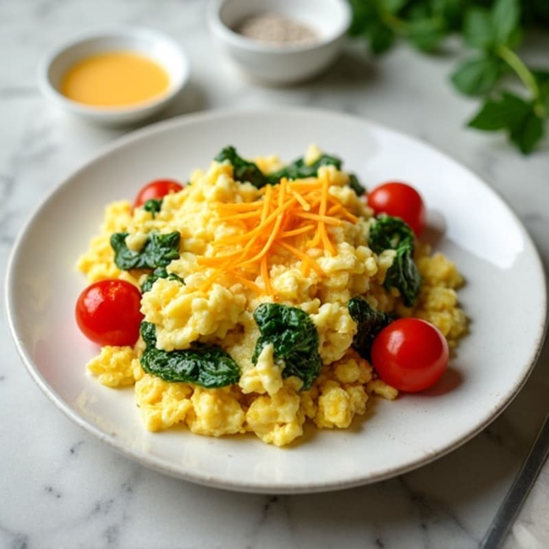 Fluffy Scrambled Eggs with Sautéed Spinach and Cherry Tomatoes