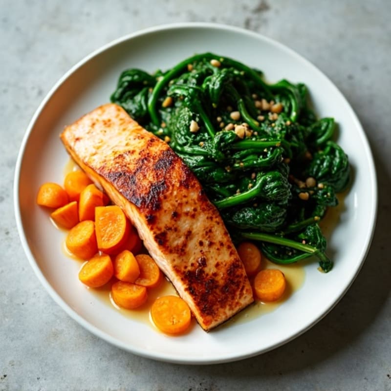 Seared Salmon Fillet with Roasted Sweet Potato and Sautéed Spinach