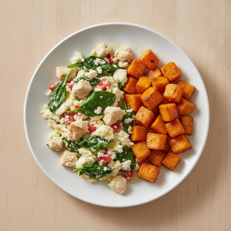 Chicken and Spinach Egg White Scramble with Roasted Sweet Potato