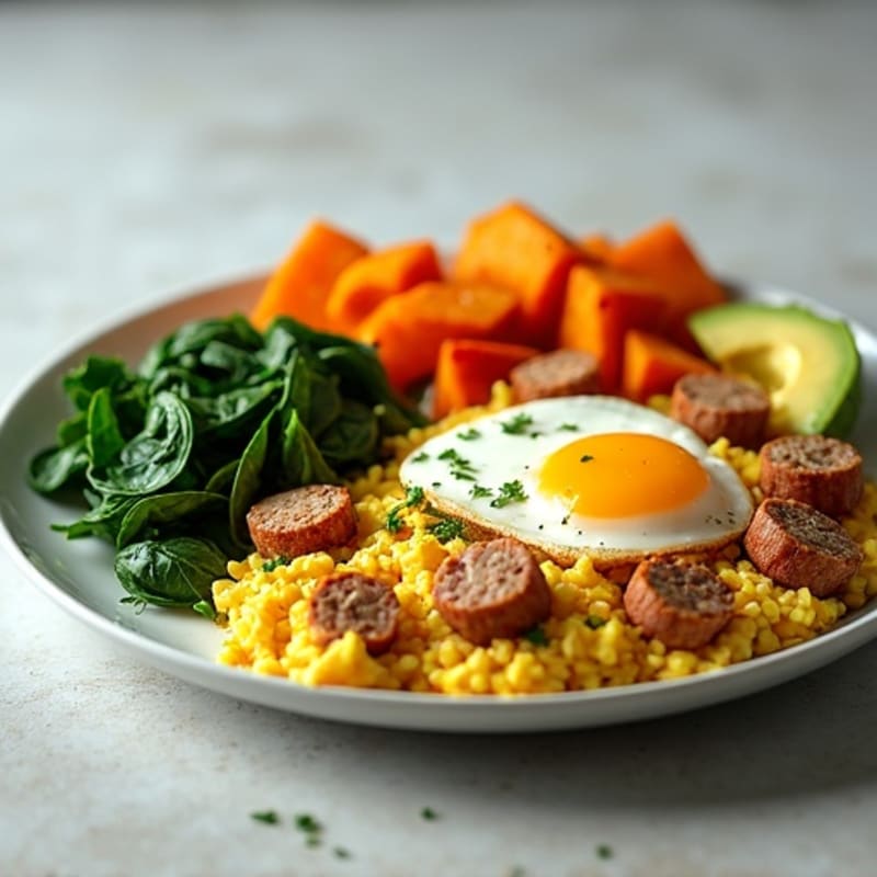 Egg White and Turkey Sausage Scramble with Roasted Sweet Potatoes
