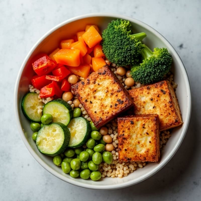 Crispy Baked Tofu with Roasted Vegetable Buddha Bowl