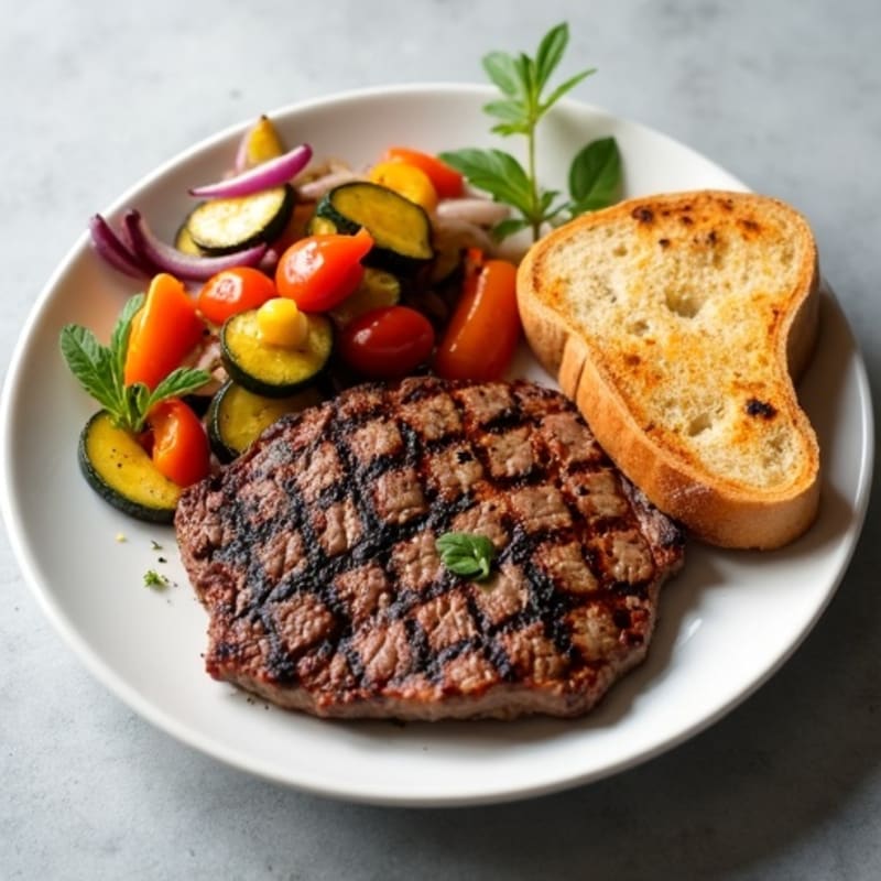 Grilled Lean Beef Fillet with Roasted Mixed Vegetables and Sliced Sourdough