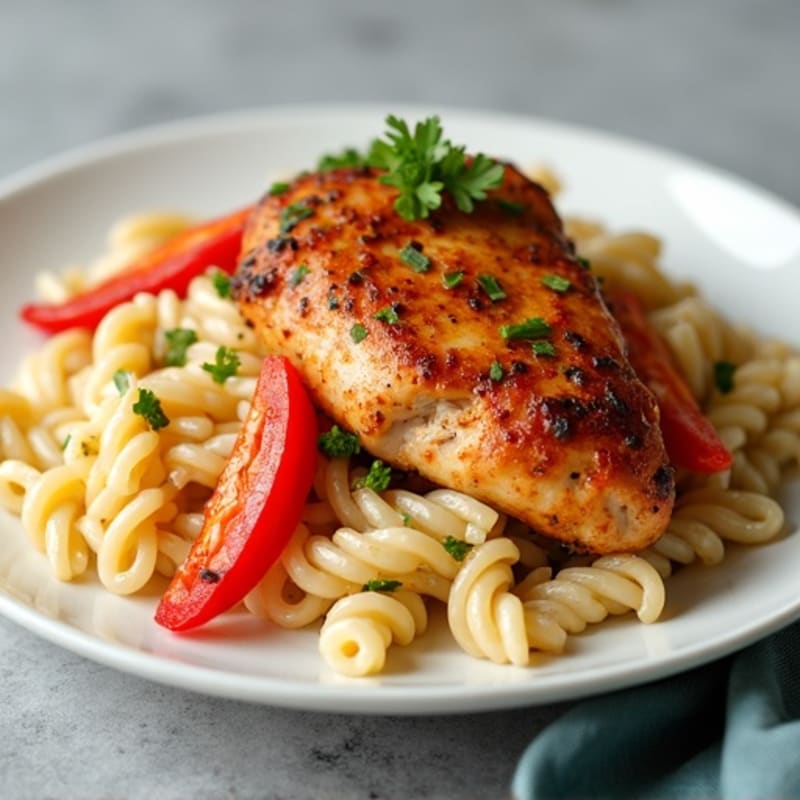 Spicy Cajun Chicken with Creamy Whole Wheat Pasta and Roasted Bell Peppers