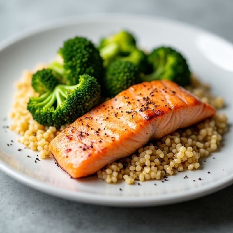Seared Salmon Fillet with Steamed Broccoli and Quinoa