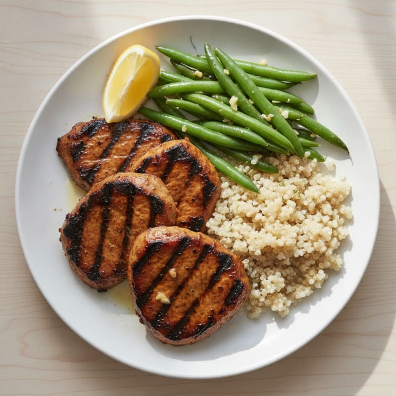 Grilled Seitan Steaks with Garlic Green Beans and Quinoa