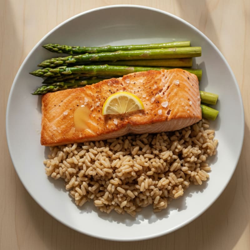 Seared Salmon with Steamed Asparagus and Brown Rice