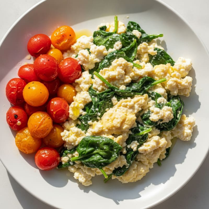 Cottage Cheese Scramble with Sautéed Spinach and Roasted Cherry Tomatoes