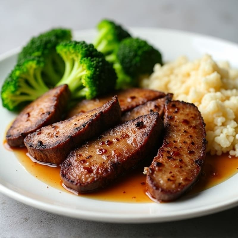 Seared Lean Beef Strips with Steamed Broccoli and Cauliflower Rice