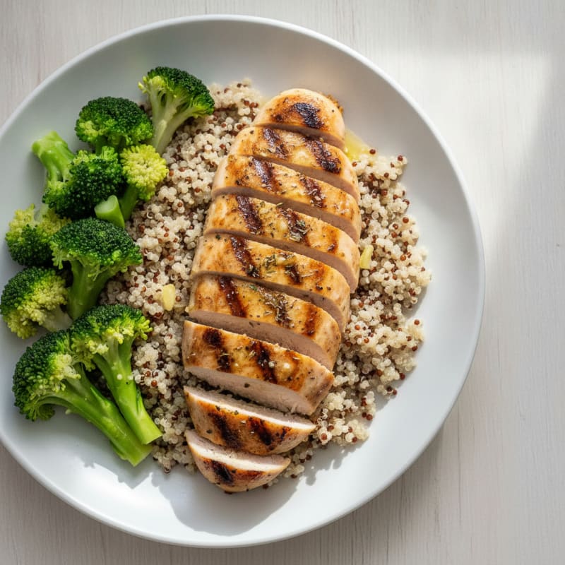 Grilled Chicken Breast with Steamed Broccoli and Quinoa