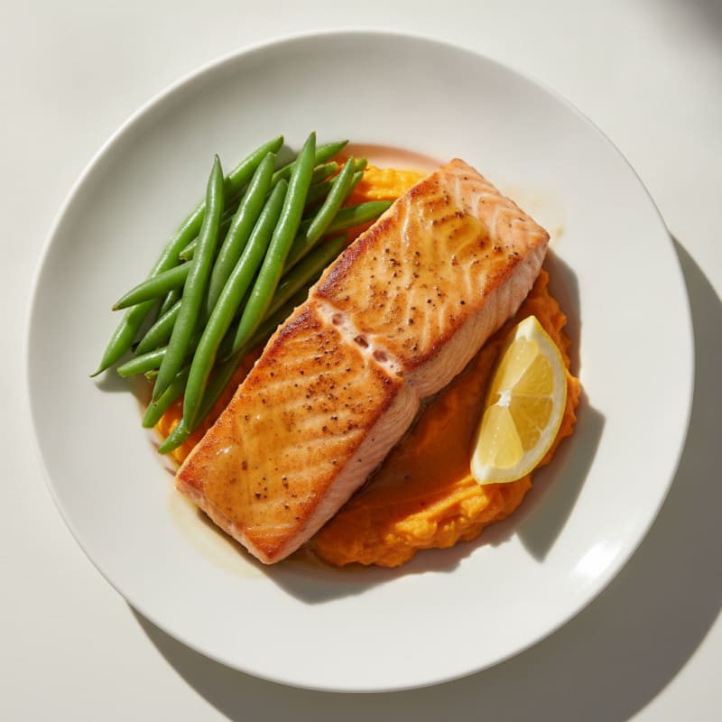 Seared Salmon Filet with Steamed Green Beans and Sweet Potato Mash