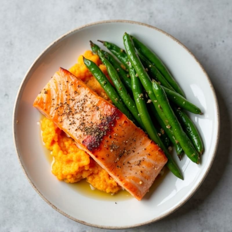 Seared Salmon with Steamed Green Beans and Sweet Potato Mash