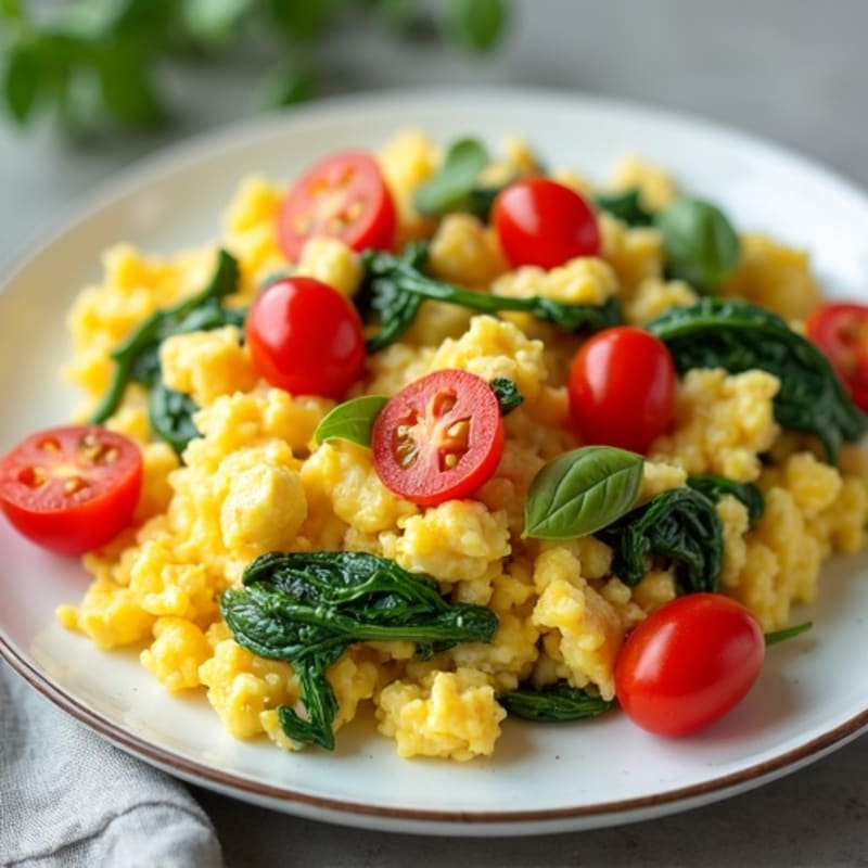 Cottage Cheese Egg Scramble with Spinach and Cherry Tomatoes