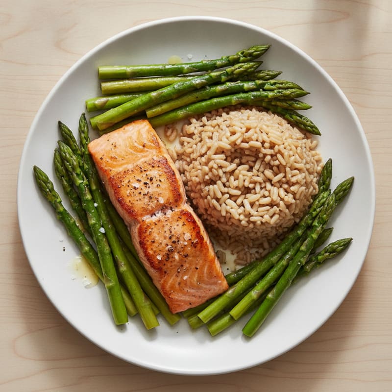 Seared Salmon Fillet with Brown Rice and Steamed Asparagus