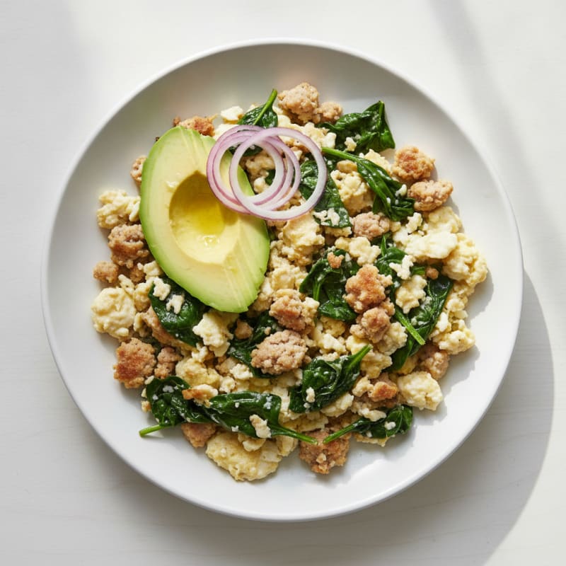 Egg White Scramble with Turkey Sausage and Sautéed Spinach