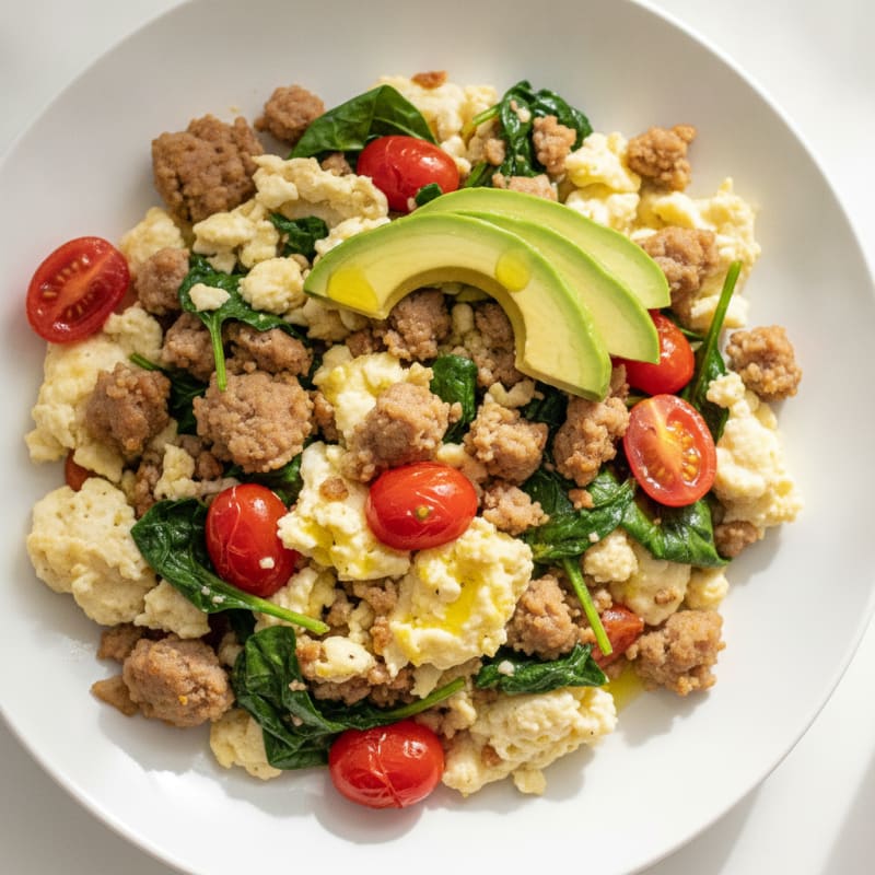 Egg White and Turkey Sausage Scramble with Spinach and Tomatoes