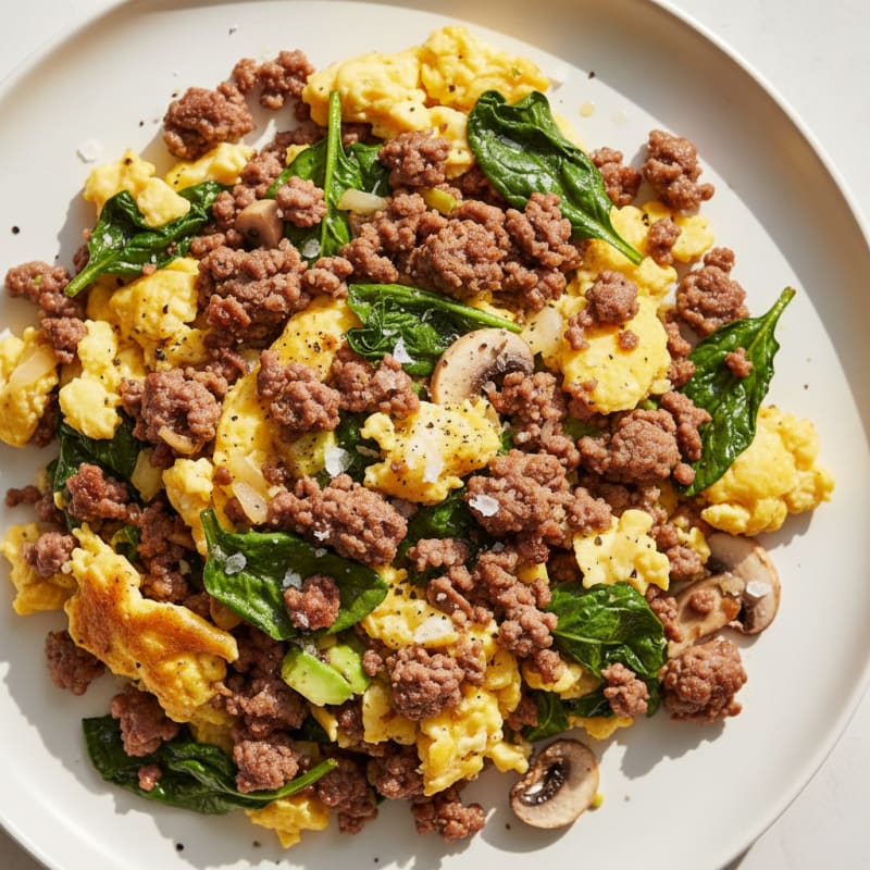 Crispy Beef and Spinach Egg Scramble
