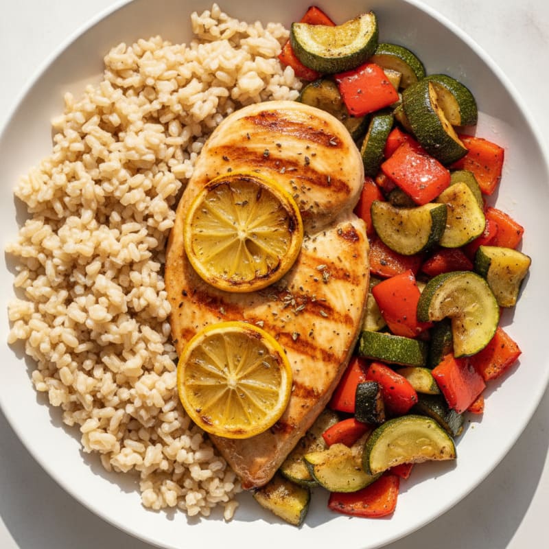 Grilled Chicken Breast with Roasted Vegetables and Brown Rice