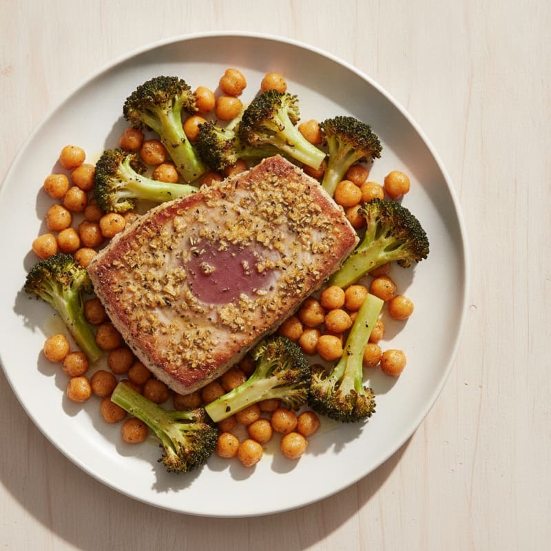 Seared Herb-Crusted Tuna Steak with Roasted Broccoli and Chickpeas