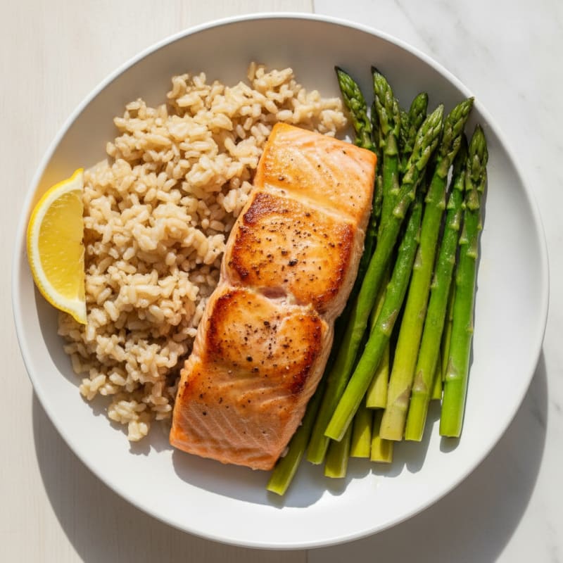 Seared Salmon with Steamed Asparagus and Brown Rice