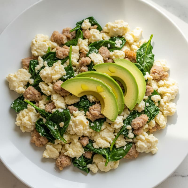 Egg White and Turkey Sausage Scramble with Sautéed Spinach