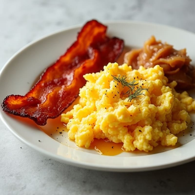 Crispy Beef Bacon and Fluffy Egg Scramble with Sautéed Onion