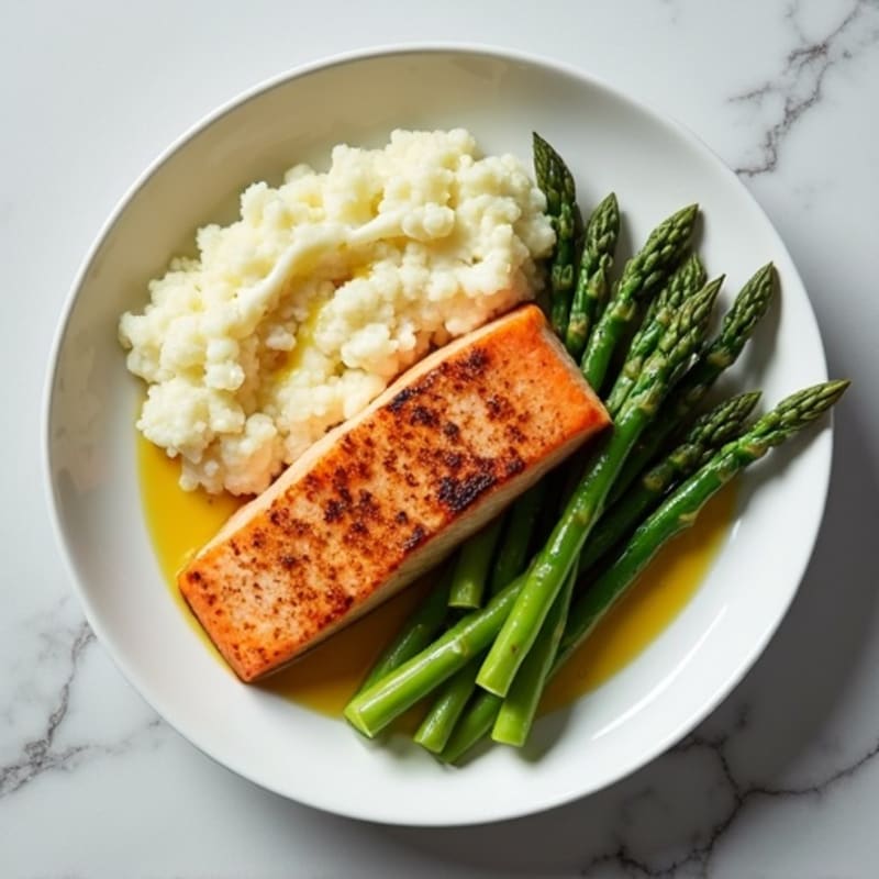 Seared Salmon with Steamed Asparagus and Cauliflower Mash