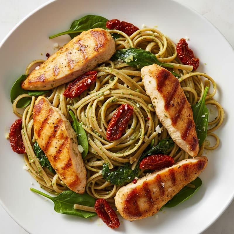 Pesto Chicken Linguine with Sun-Dried Tomatoes