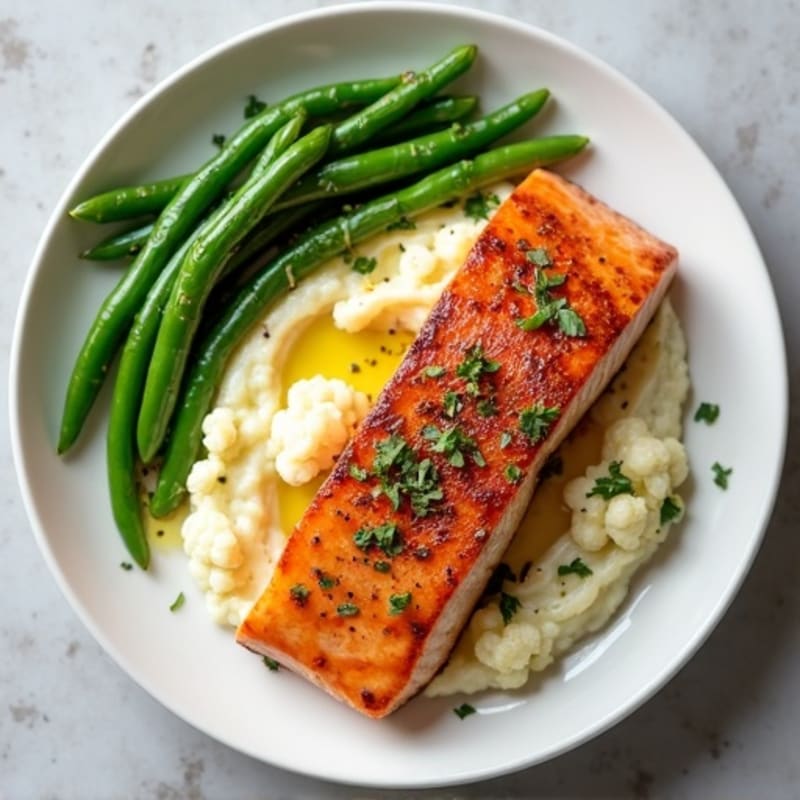 Seared Salmon with Steamed Green Beans and Garlic Mashed Cauliflower