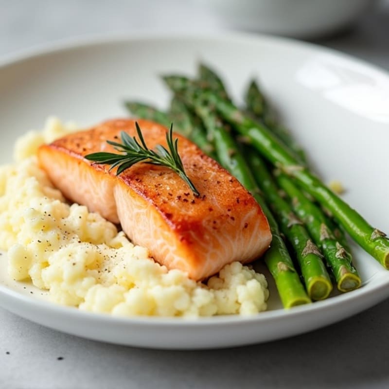 Seared Salmon with Steamed Asparagus and Mashed Cauliflower