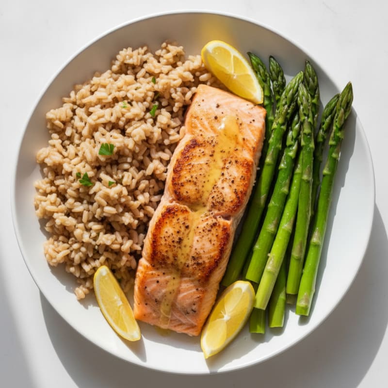 Seared Salmon with Steamed Asparagus and Brown Rice