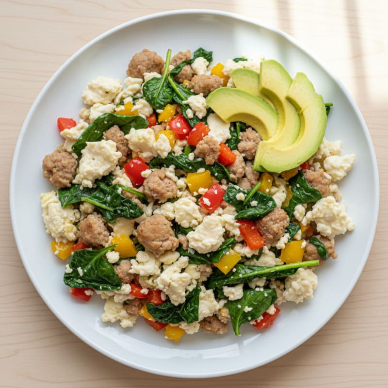 Egg White and Turkey Sausage Scramble with Spinach and Bell Peppers