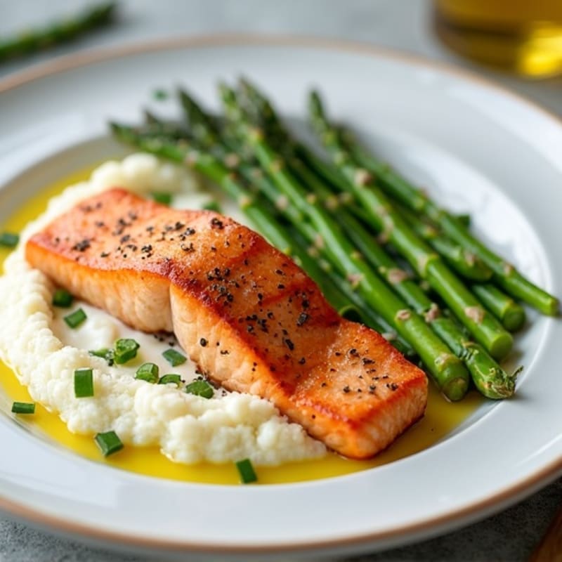 Seared Salmon with Steamed Asparagus and Cauliflower Mash