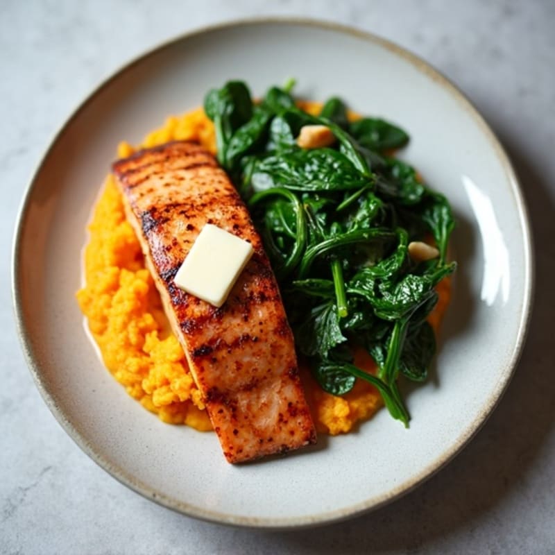 Seared Salmon Fillet with Garlic Spinach and Sweet Potato Mash