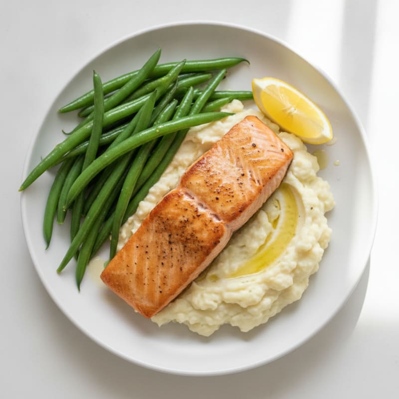 Seared Salmon with Steamed Green Beans and Garlic Mashed Cauliflower