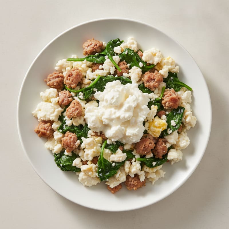 Egg White and Turkey Sausage Scramble with Cottage Cheese and Sautéed Spinach
