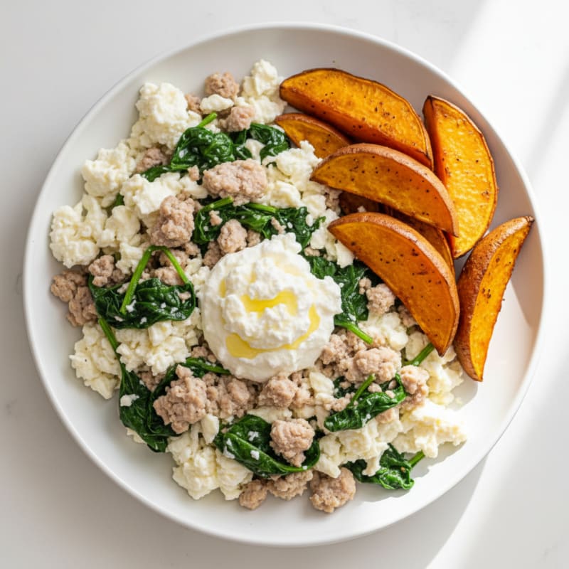 Egg White and Turkey Spinach Scramble with Cottage Cheese