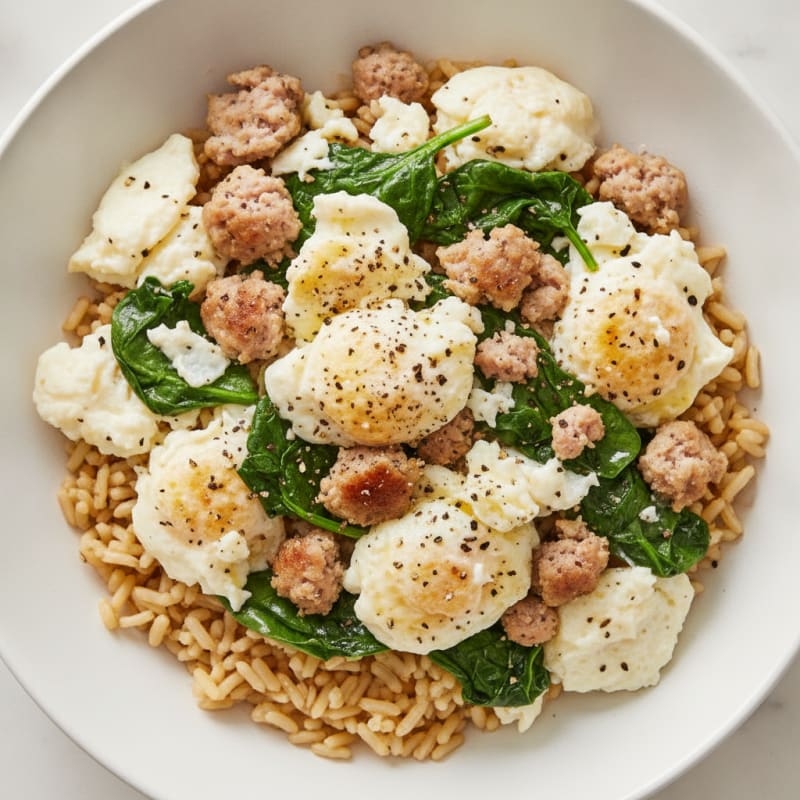 Turkey Sausage and Egg White Scramble with Sautéed Spinach and Brown Rice