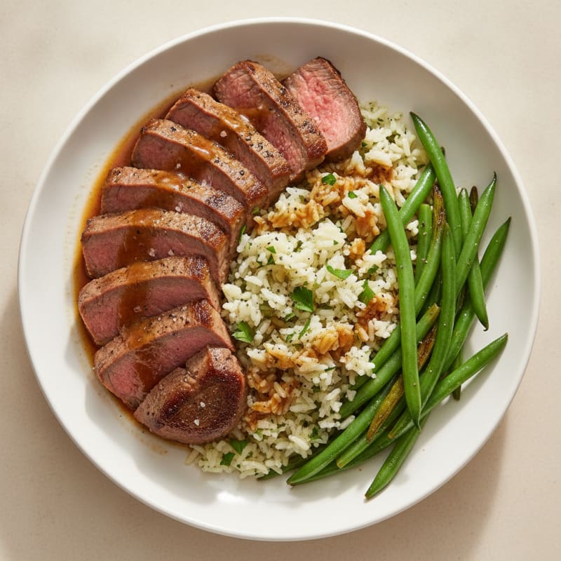 Pan-Seared Steak with Garlic Herb Rice