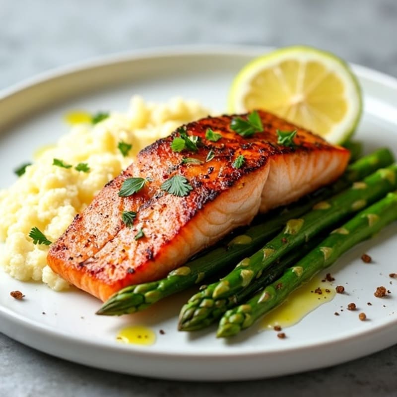 Seared Salmon with Steamed Asparagus and Cauliflower Mash