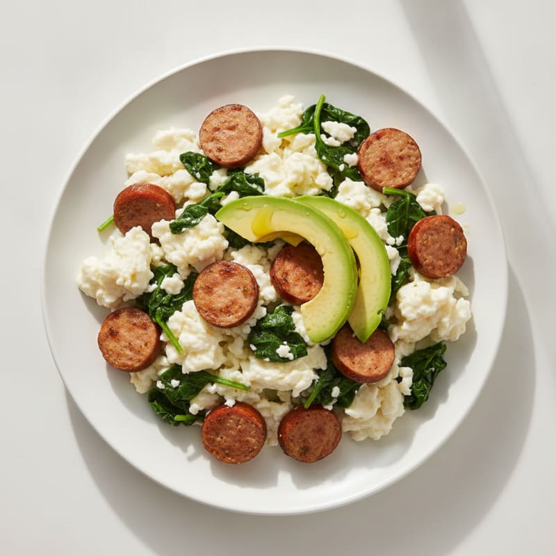 Egg White Scramble with Turkey Sausage and Sautéed Spinach