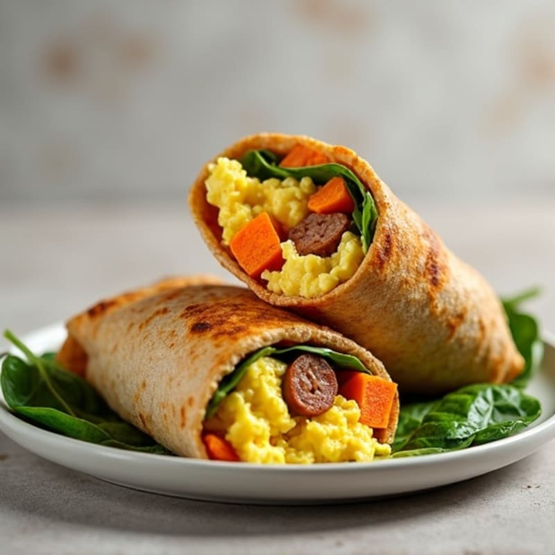 Scrambled Egg and Lean Turkey Sausage Breakfast Burrito with Roasted Sweet Potato and Spinach