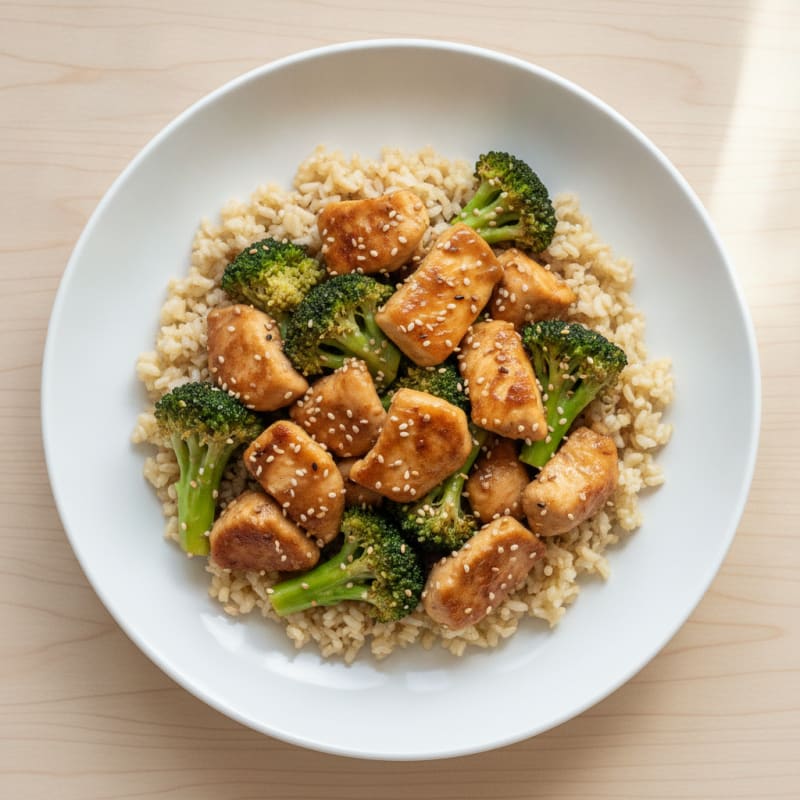 Chicken Stir Fry with Steamed Broccoli and Brown Rice