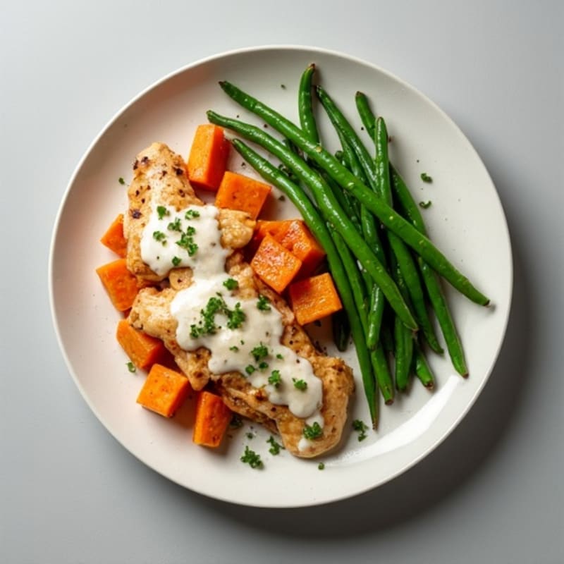 Creamy Coconut Chicken with Roasted Sweet Potatoes and Crispy Green Beans