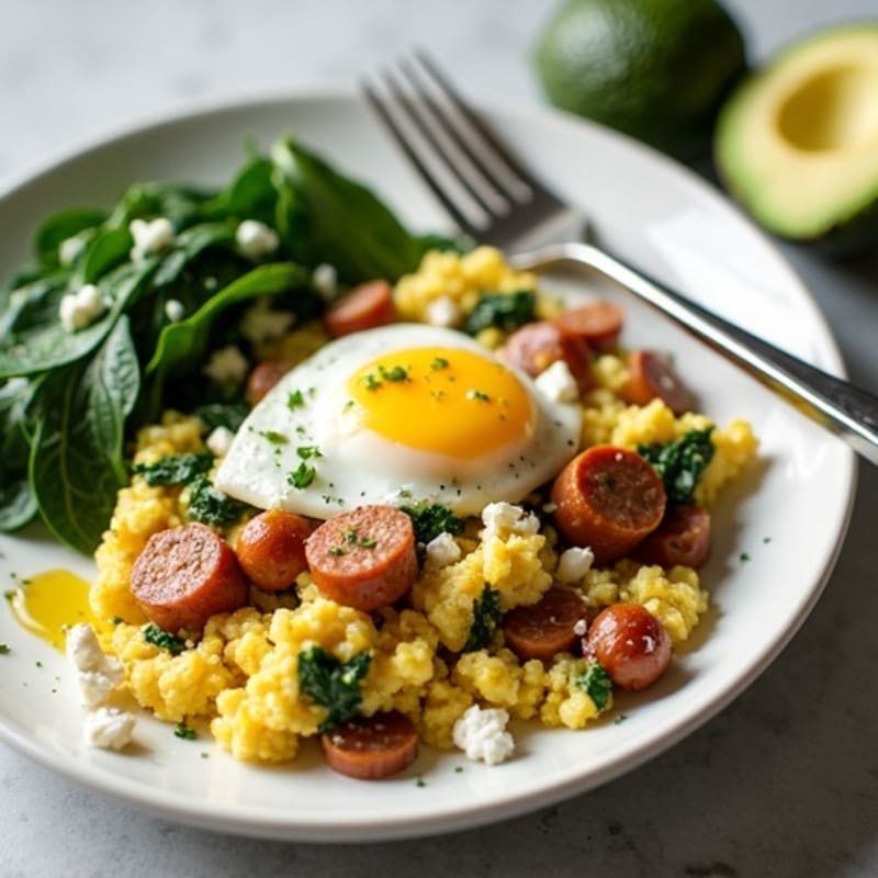 Egg White Scramble with Turkey Sausage and Sautéed Spinach
