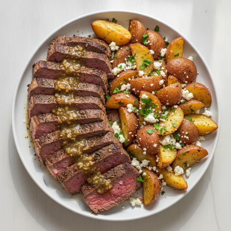Garlic Herb Steak with Feta Roasted Potatoes